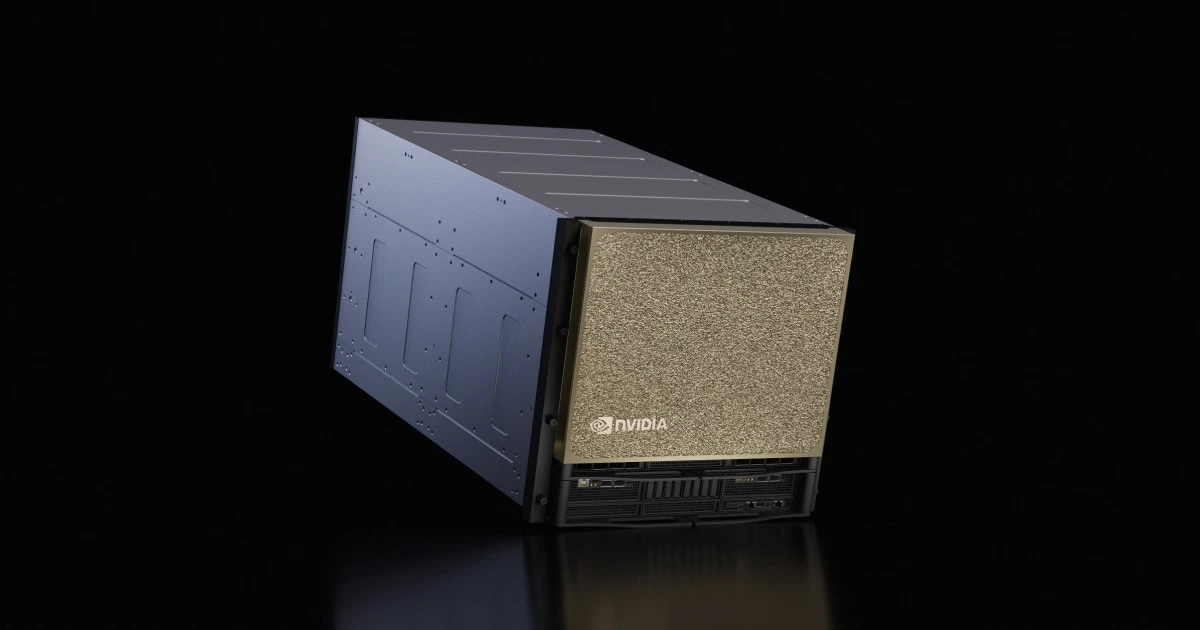 NVIDIA DGX B300 10U server, with a deep silver enclosure and gold mesh front panel.
