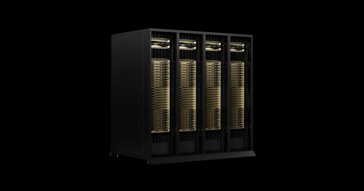 Four NVIDIA DGX GB300 racks with black enclosures and stacked gold-fronted compute trays.