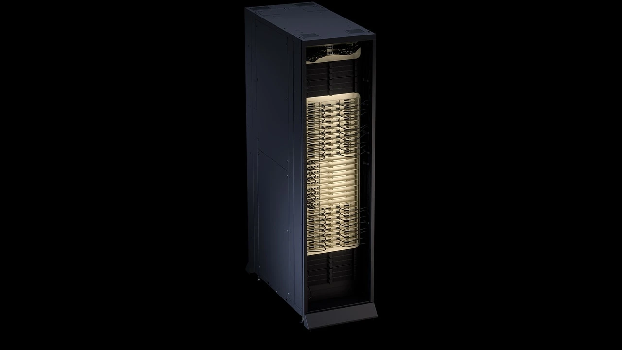 A complete NVIDIA Vera Rubin NVL72 rack in three-quarter view, with vertically stacked compute and switch trays.
